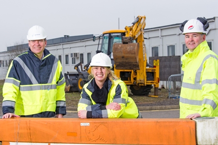 Stansted Airport’s Head of Construction and Development, Matt Allen (left), is pictured  at the construction site with Aerozone Education Co-ordinator Joanne Davies (centre) and Bernie Kelly (right) of Galliford Try.