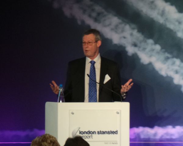 Jim Steer, Founder and Director of Global Transport Consultancy, Steer Davies Gleave, speaking to delegates attending the 14th Stansted Airport Forum on Thursday, Feb 19.